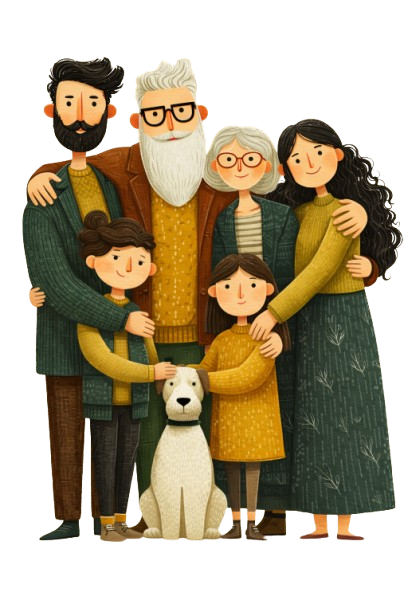 Illustrated multigenerational family with dog